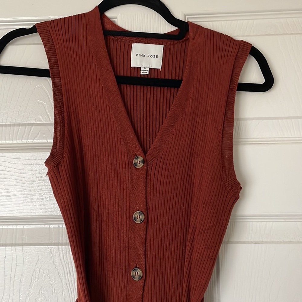 Pink Rose Ribbed Button Front MIDI Dress Large
